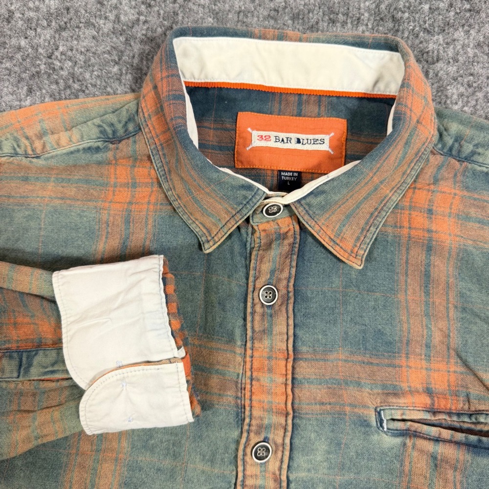 32 Bar Blues Plaid Flannel Shirt Mens L Green Orange 100% Cotton Rugged EUC